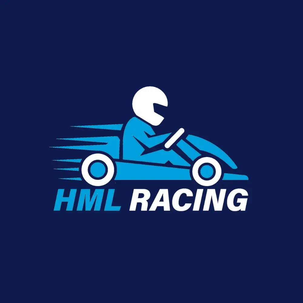 White and Blue HML Racing Logo On a Dark Blue Background.