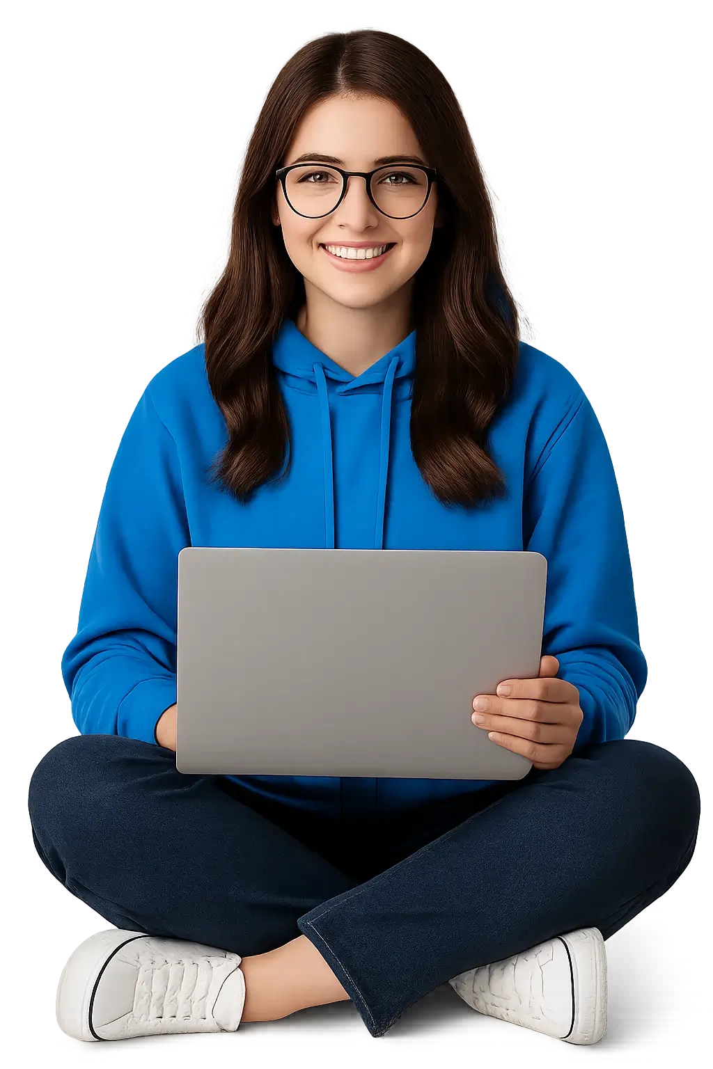 An EnforceMG Employee In a Blue Hoodie Smiles While Working On Her Laptop.