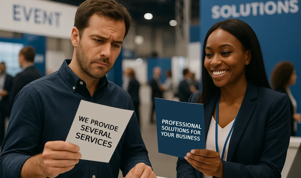 A Sad Man Looks At His Generic Copywriting on a Brochure While His Colleague Smiles At Her Professional Copywriting, Signifying the Feeling Potential Customers Have When Looking at Your Branding.
