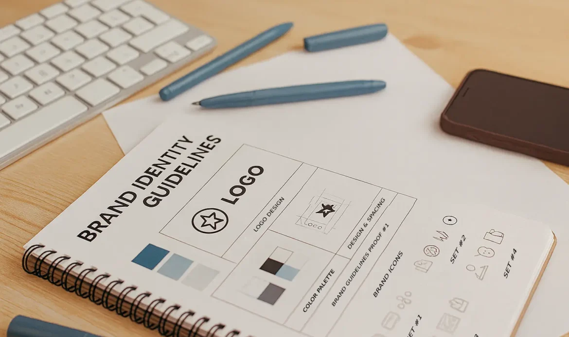 An EnforceMG Client Branding & Creative Design Style Guide Is Outlined In a Notebook.