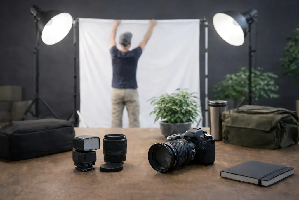 An EnforceMG Employee Sets Up Our Headshot Photography Studio Backdrop.