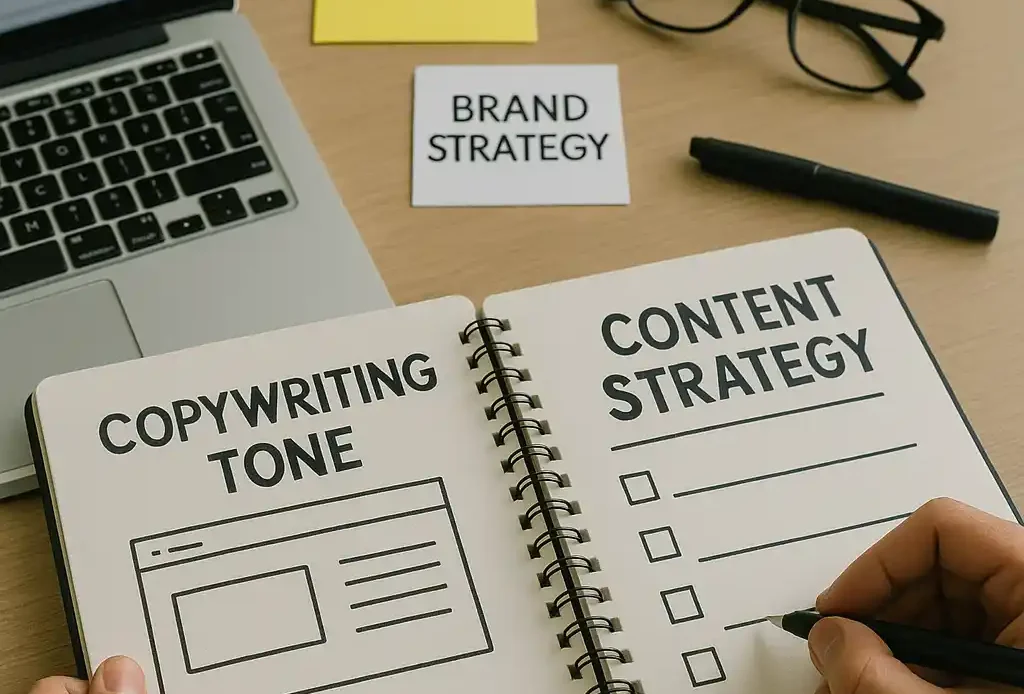 An EnforceMG Employee Plans Out A New Client's Content Strategy and Copywriting Tone in a Notebook.