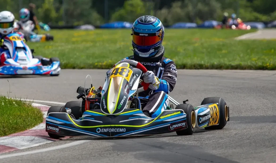 Owner of EnforceMG, Keegan Widmyer, Racing in His 2023, EnforceMG Sponsored Tony Kart at the 2023 CKNA Regional Race at Pittsburgh International Race Complex.